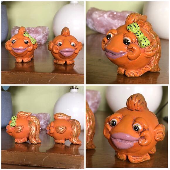 VTG Vicki Thomas Gourd Fish Set 2 Signed 1999 Figurine Quirky Whimsical Folk Art - Picture 1 of 14